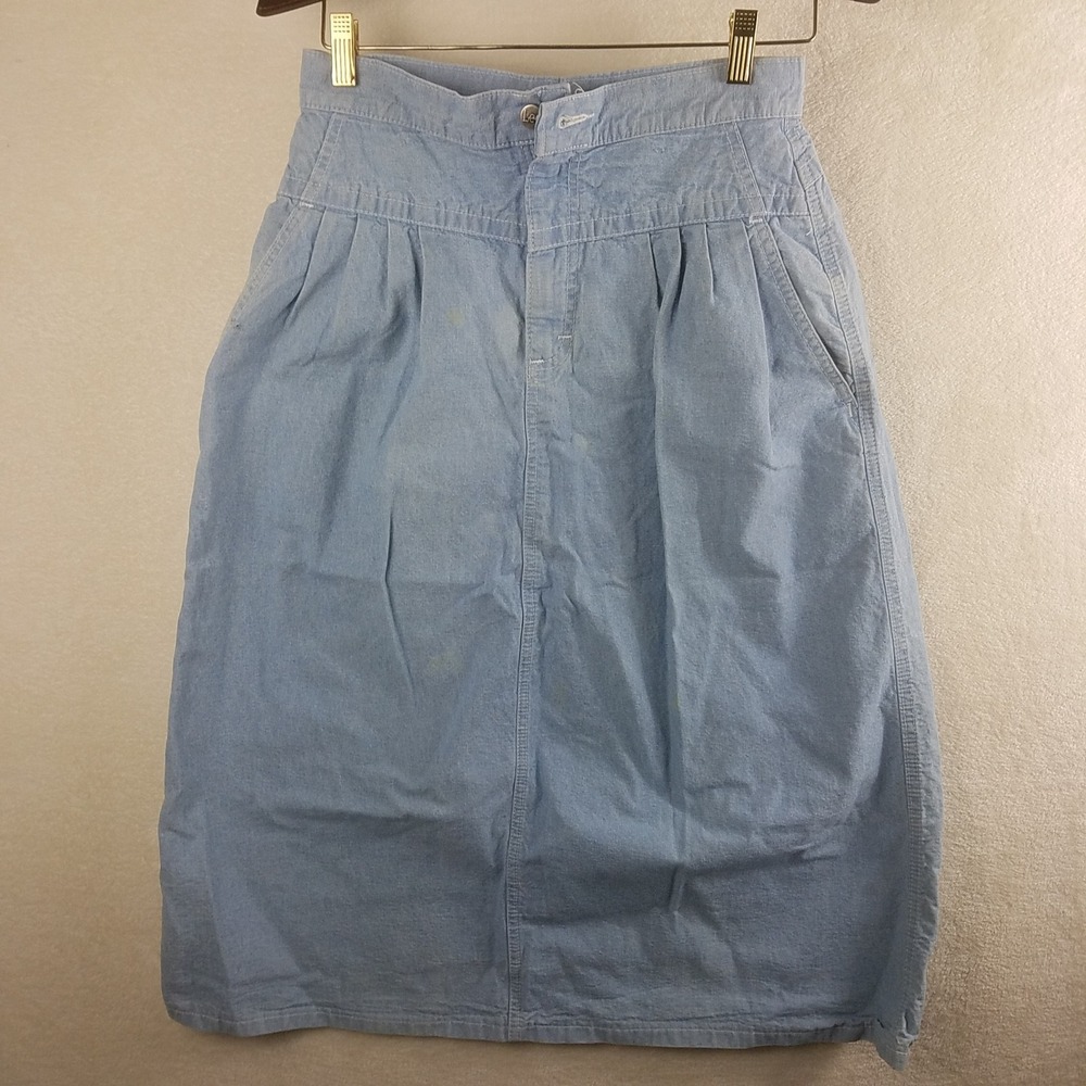 Vntg Lee Denim Midi Skirt Light Wash High Waisted yoked Pleated Cotton W 12 USA